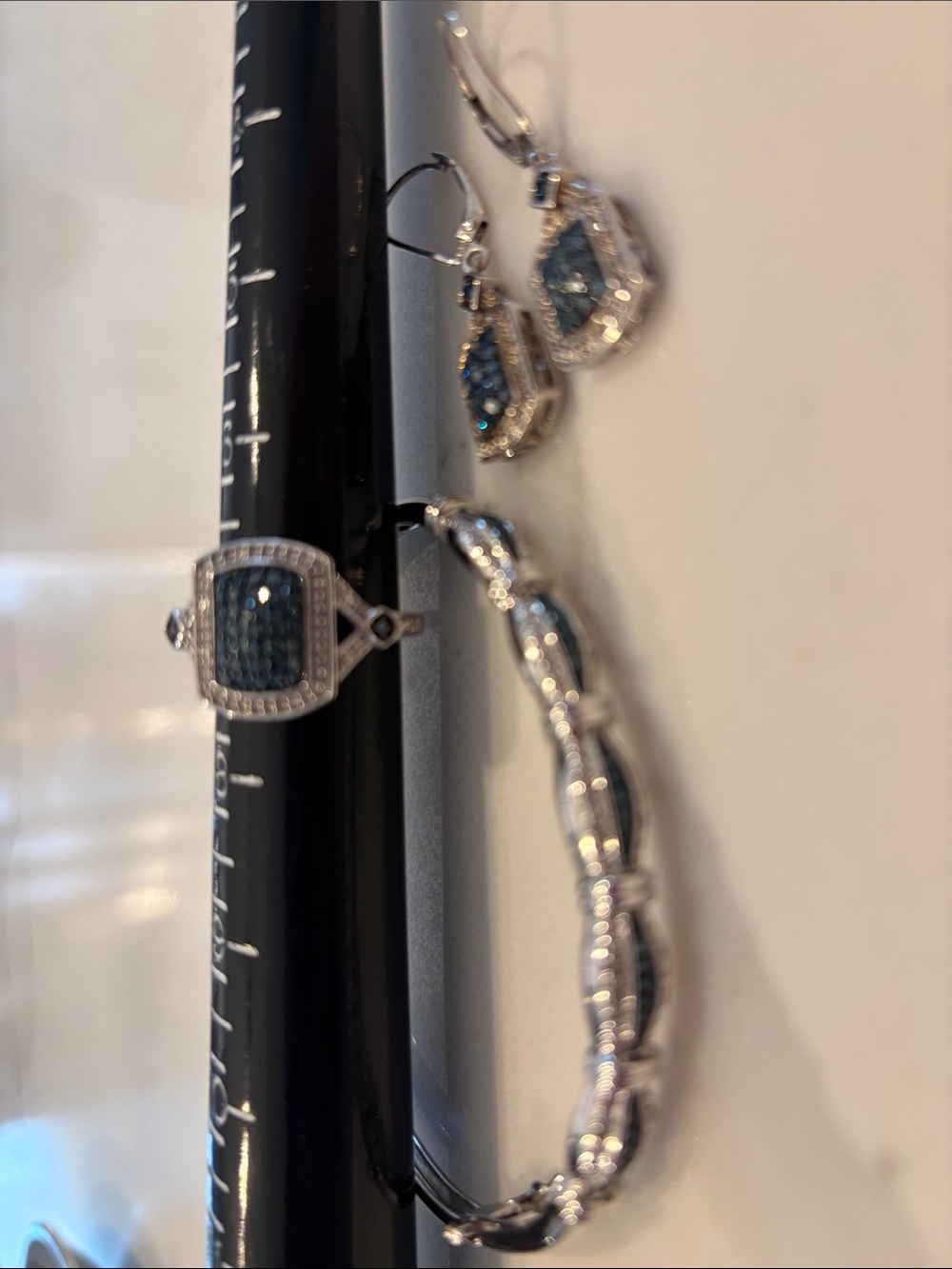 Sterling Blue Diamond Bracelet, Ring & Earrings Set